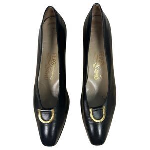 Salvatore Ferragamo Black Leather Square Toe Pumps Heels Size 8.5 AA Narrow